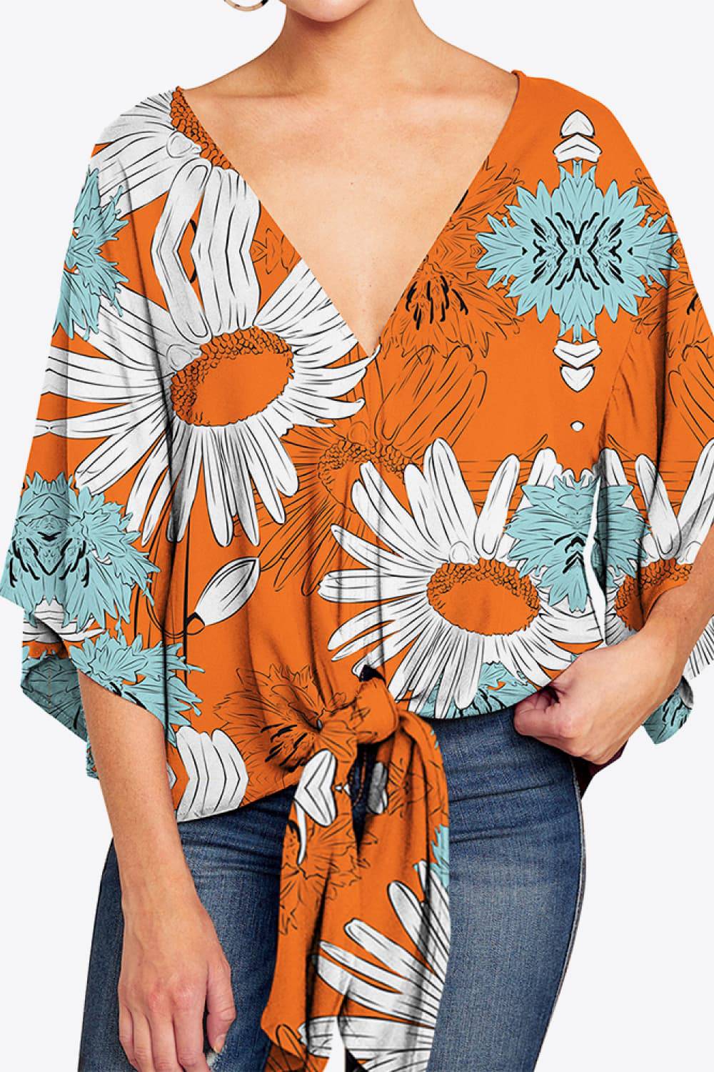 Printed Deep V Tie Hem Blouse - Guy Christopher