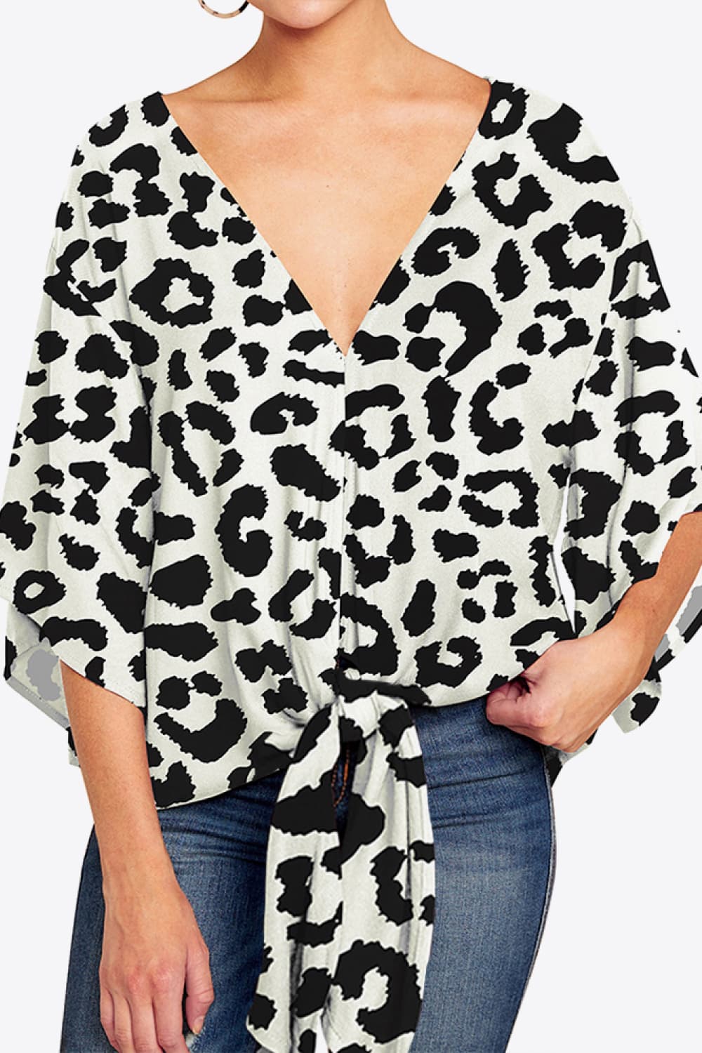 Printed Deep V Tie Hem Blouse - Guy Christopher