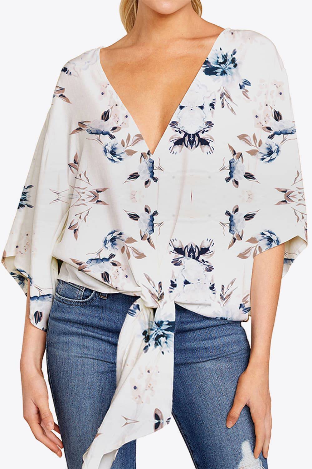 Printed Deep V Tie Hem Blouse - Guy Christopher