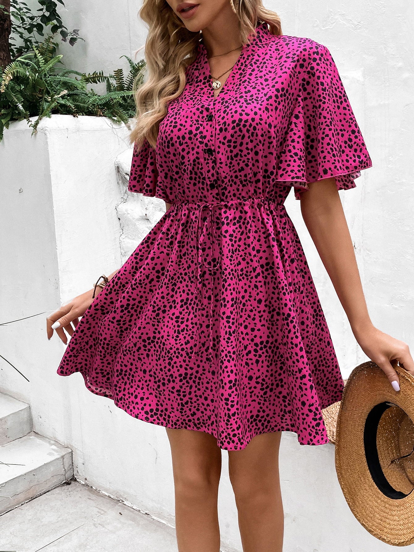 Printed Drawstring Waist Flutter Sleeve Dress - Guy Christopher