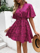 Printed Drawstring Waist Flutter Sleeve Dress - Guy Christopher