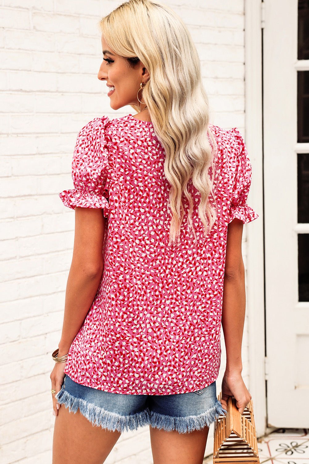 Printed Flounce Sleeve Plunge Blouse - Guy Christopher