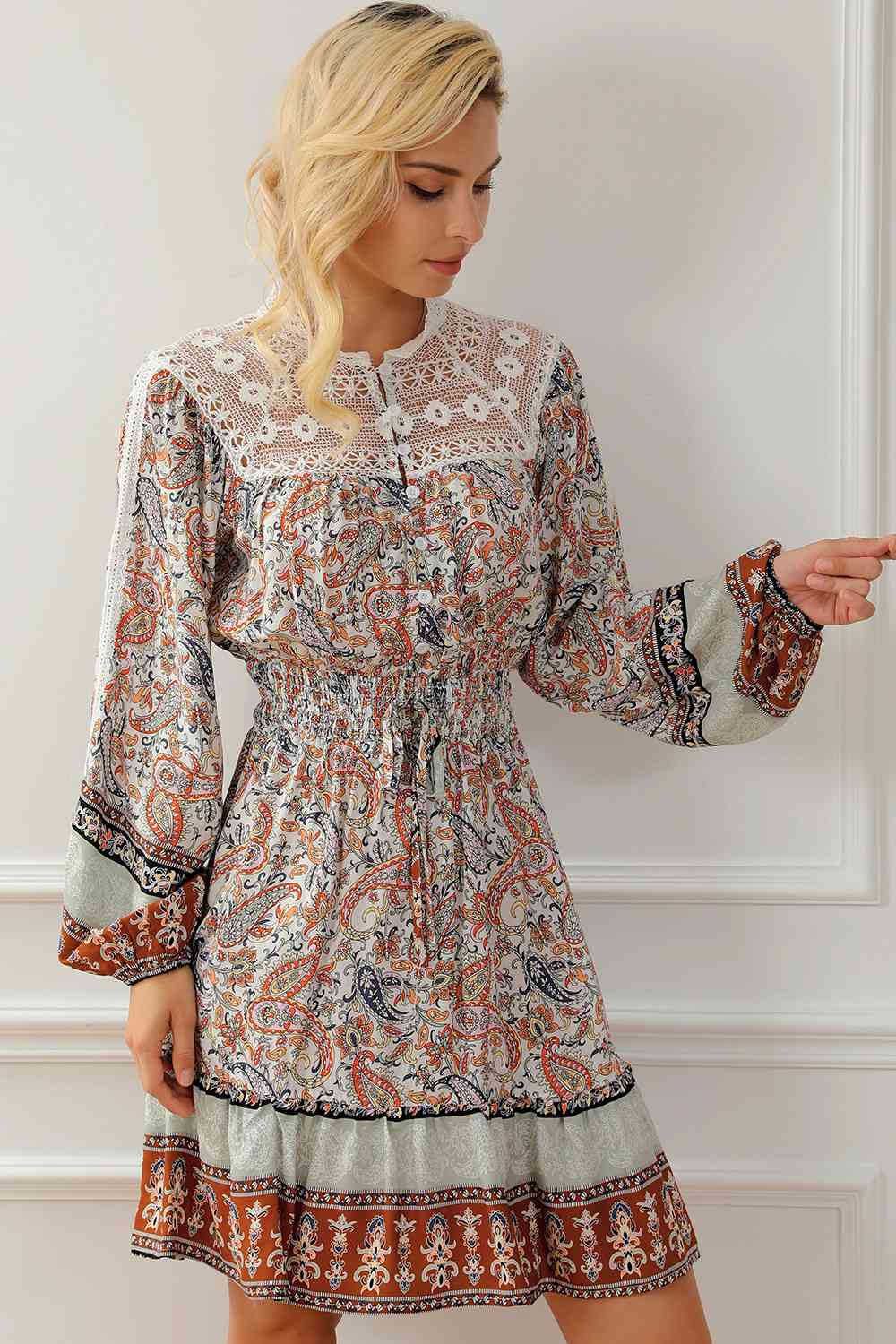 Printed Lace Detail Balloon Sleeve Dress - Guy Christopher