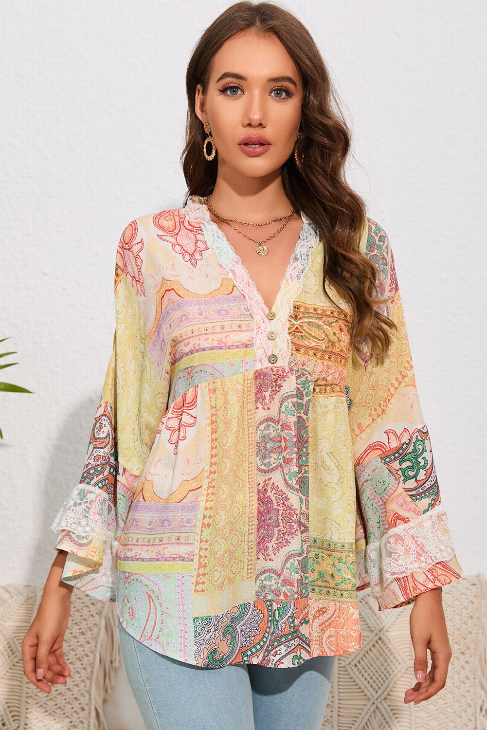 Printed Lace Trim Buttoned Blouse - Guy Christopher