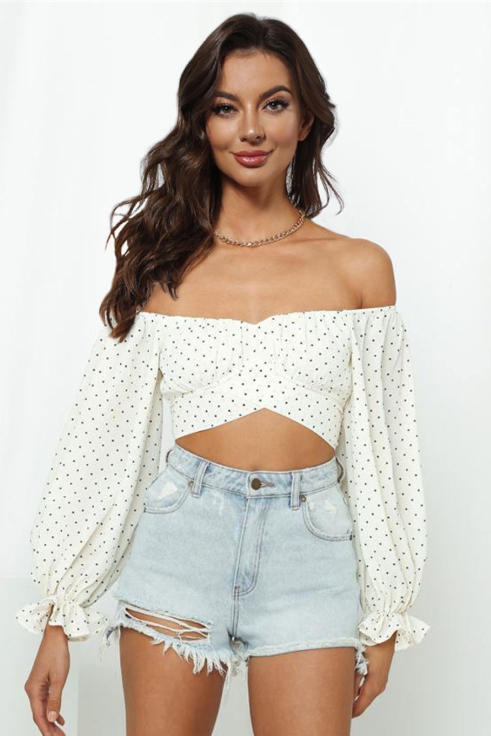 Printed Long Flounce Sleeve Cropped Blouse - Guy Christopher