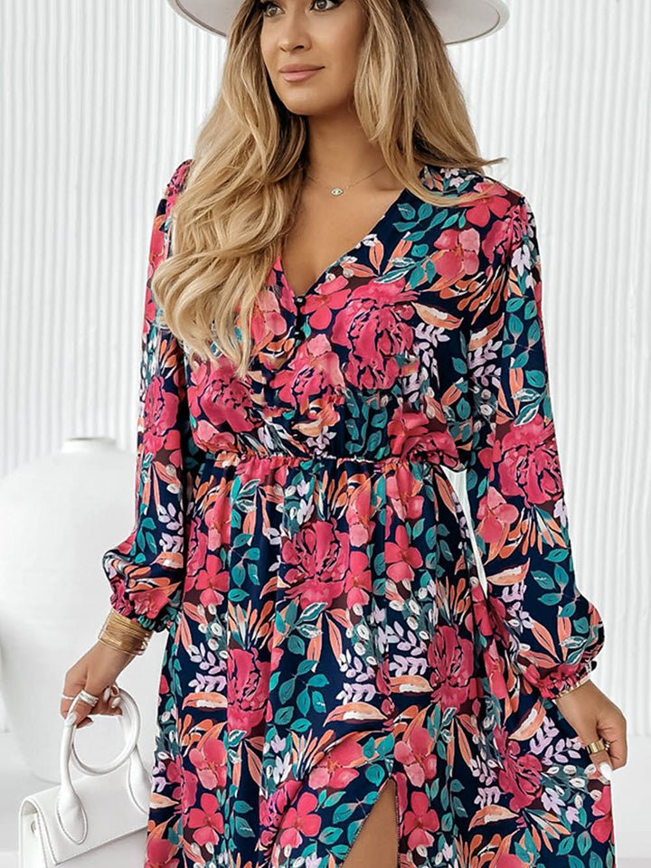 Printed Long Sleeve Slit Dress - Guy Christopher