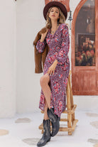 Printed Long Sleeve Slit Midi Dress - Guy Christopher