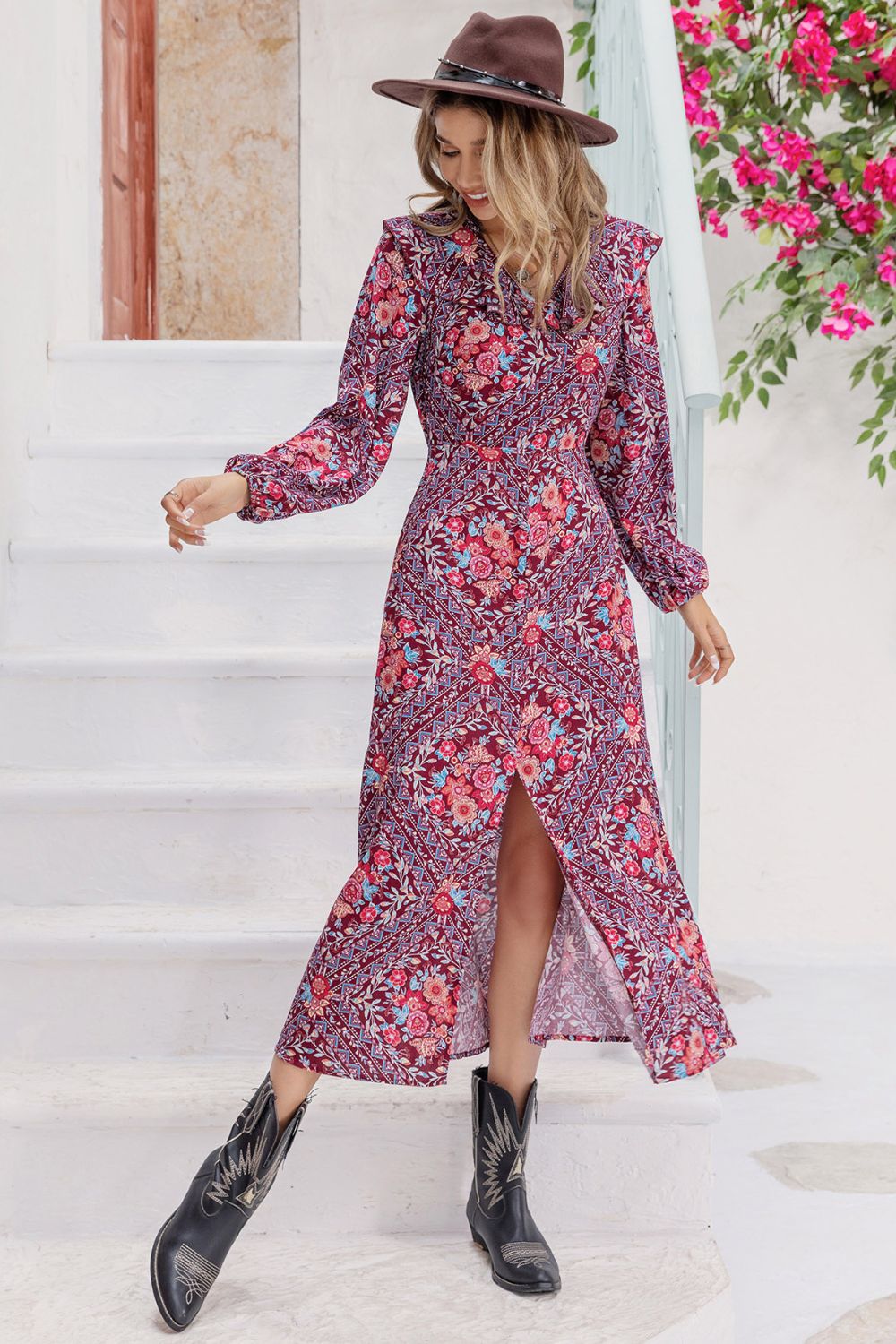 Printed Long Sleeve Slit Midi Dress - Guy Christopher