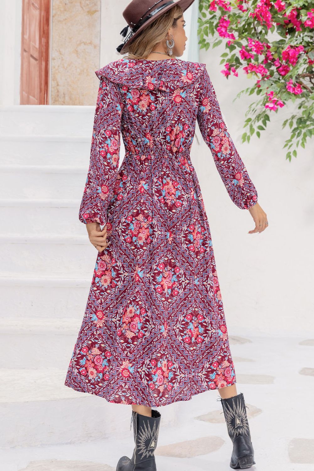 Printed Long Sleeve Slit Midi Dress - Guy Christopher