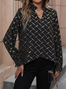 Printed Notched Long Sleeve Blouse - Guy Christopher