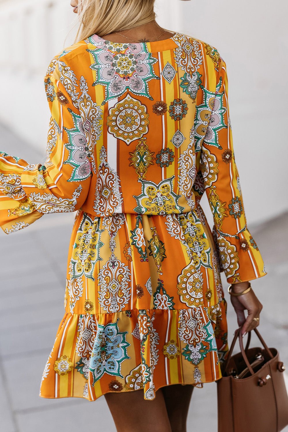 Printed Notched Neck Flounce Sleeve Dress - Guy Christopher