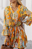 Printed Notched Neck Flounce Sleeve Dress - Guy Christopher