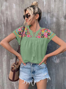 Printed Notched Neck Short Sleeve Blouse - Guy Christopher
