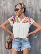 Printed Notched Neck Short Sleeve Blouse - Guy Christopher