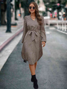 Printed Notched Tie Front Long Sleeve Dress - Guy Christopher