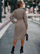 Printed Notched Tie Front Long Sleeve Dress - Guy Christopher