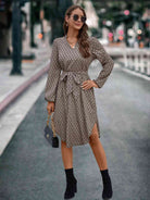 Printed Notched Tie Front Long Sleeve Dress - Guy Christopher