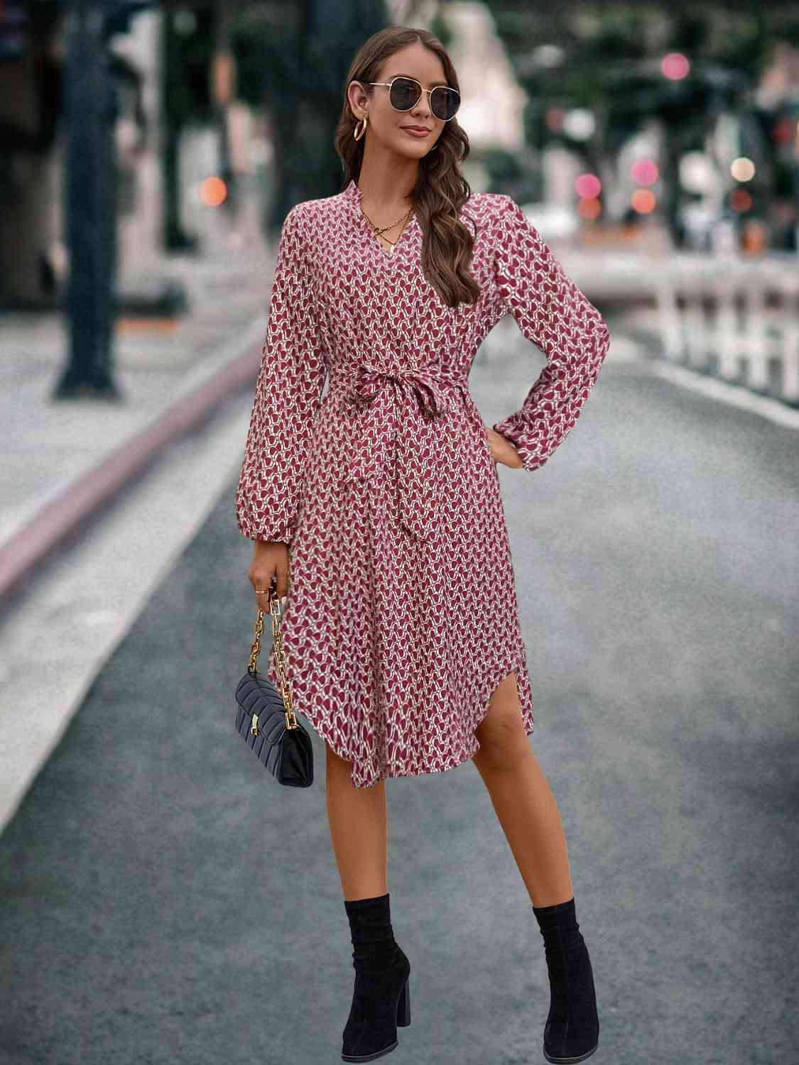 Printed Notched Tie Front Long Sleeve Dress - Guy Christopher