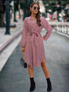 Printed Notched Tie Front Long Sleeve Dress - Guy Christopher