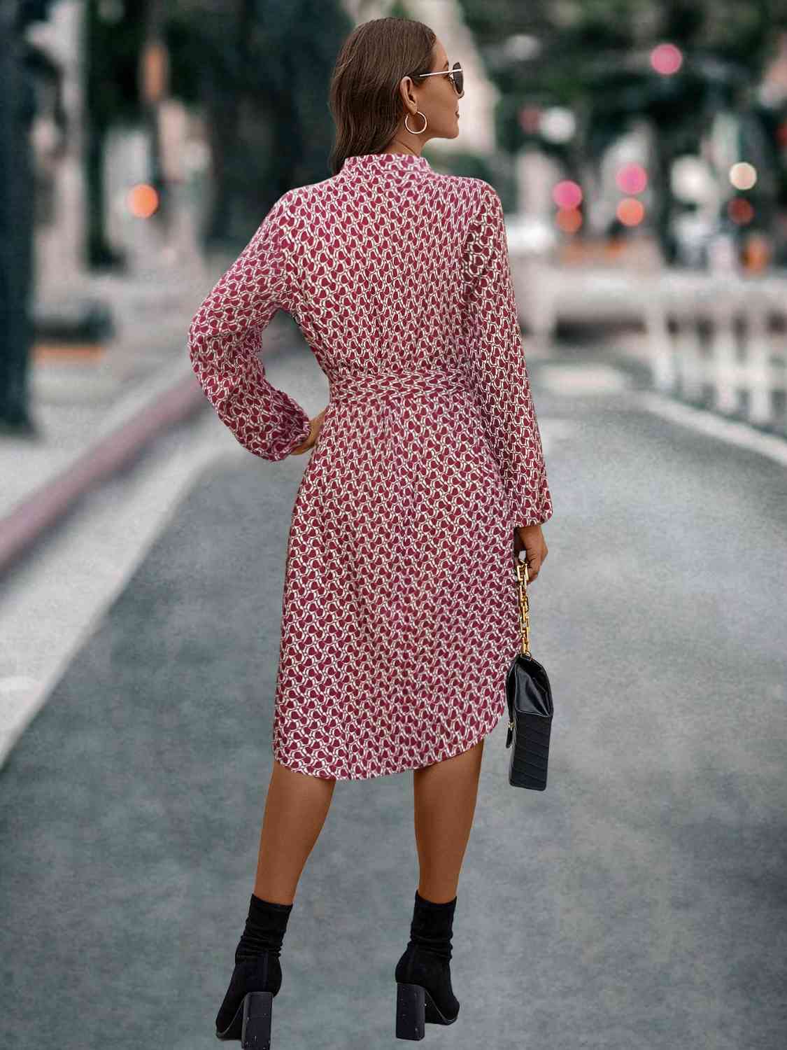 Printed Notched Tie Front Long Sleeve Dress - Guy Christopher