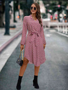 Printed Notched Tie Front Long Sleeve Dress - Guy Christopher