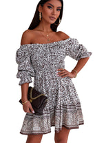 Printed Off-Shoulder Pleated Dress - Guy Christopher