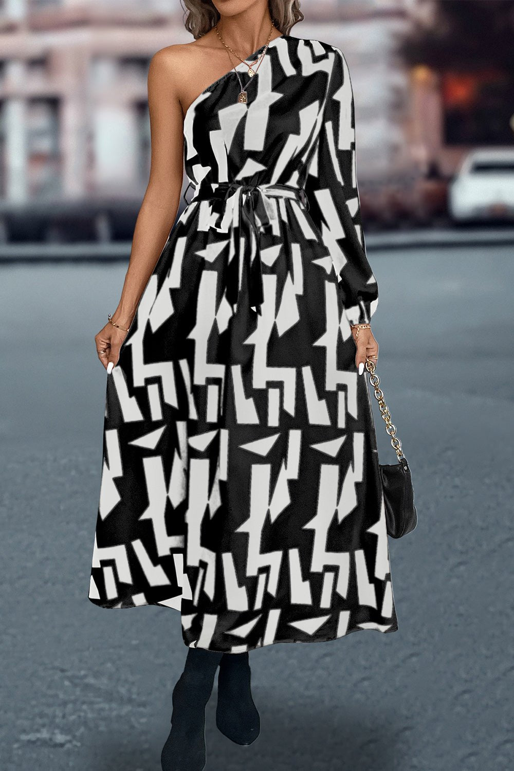 Printed One-Shoulder Tie Waist Dress - Guy Christopher