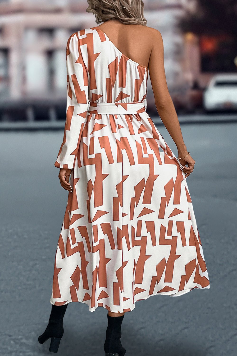 Printed One-Shoulder Tie Waist Dress - Guy Christopher