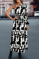 Printed One-Shoulder Tie Waist Dress - Guy Christopher