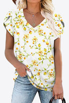 Printed Petal Sleeve V-Neck Blouse - Guy Christopher