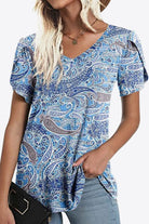 Printed Petal Sleeve V-Neck Blouse - Guy Christopher