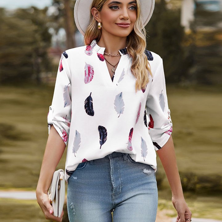 Printed Roll-Tab Sleeve Notched Neck Blouse - Guy Christopher