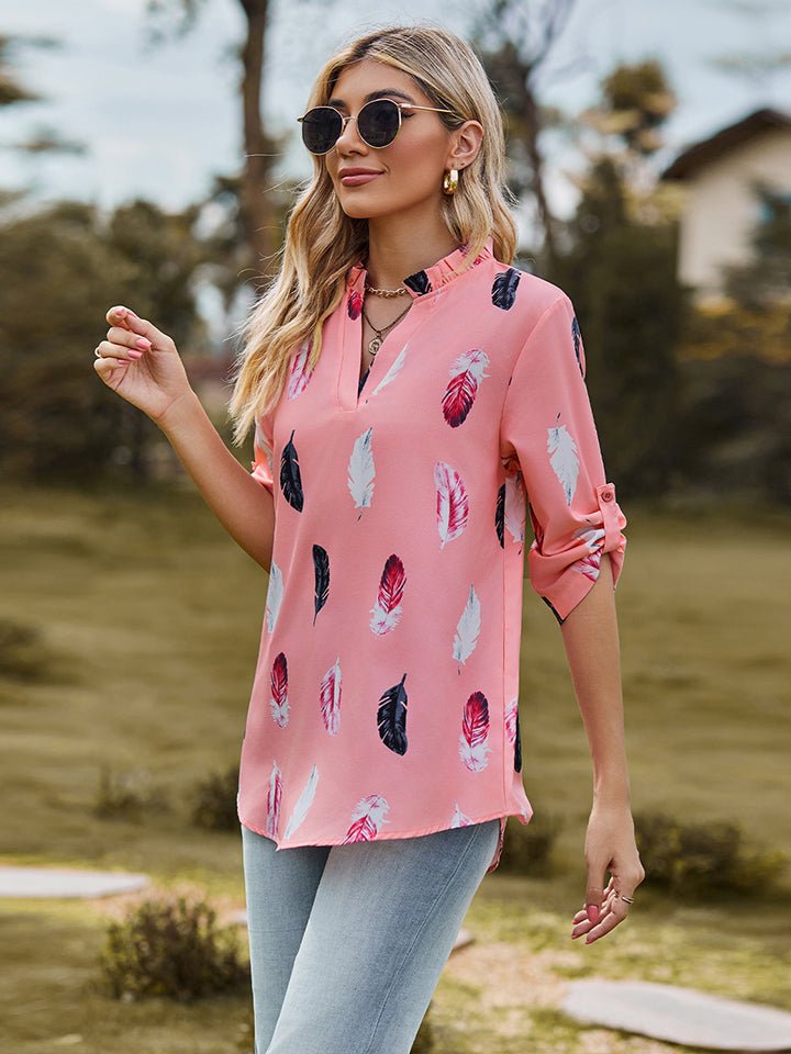 Printed Roll-Tab Sleeve Notched Neck Blouse - Guy Christopher