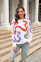 Printed Round Neck Dropped Shoulder Pullover Sweater - Guy Christopher
