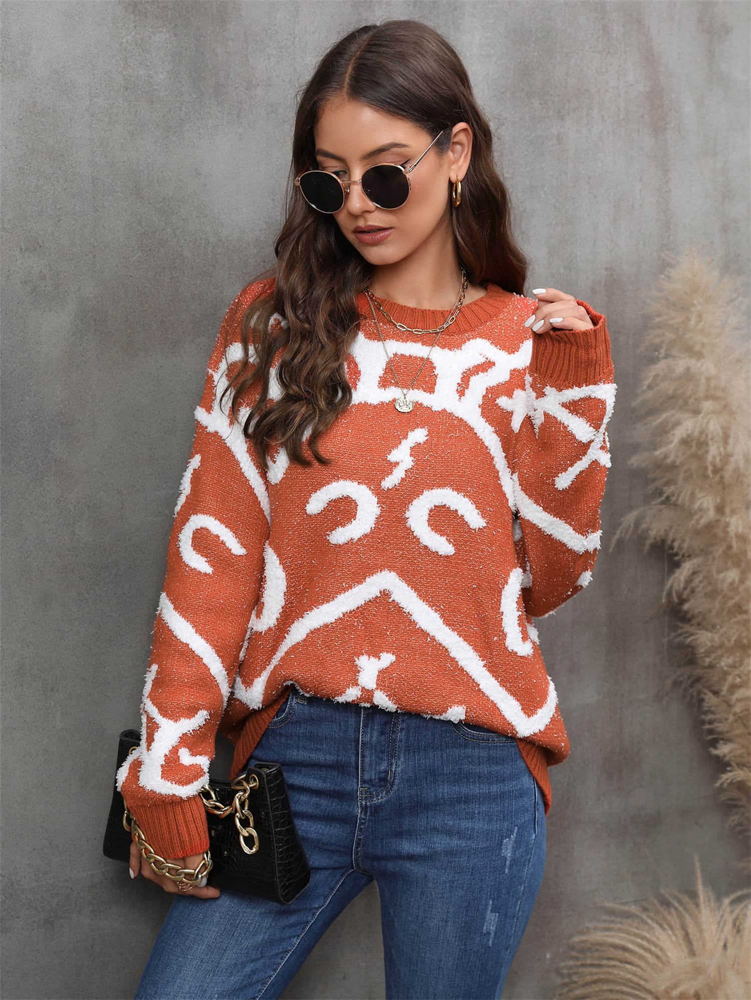 Printed Round Neck Dropped Shoulder Sweater - Guy Christopher