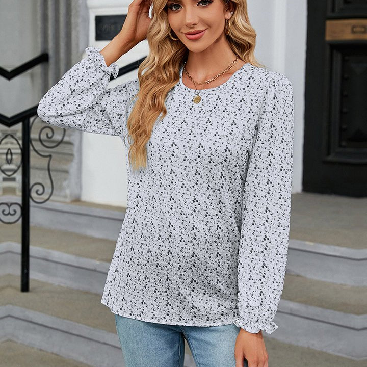 Printed Round Neck Flounce Sleeve Blouse - Guy Christopher