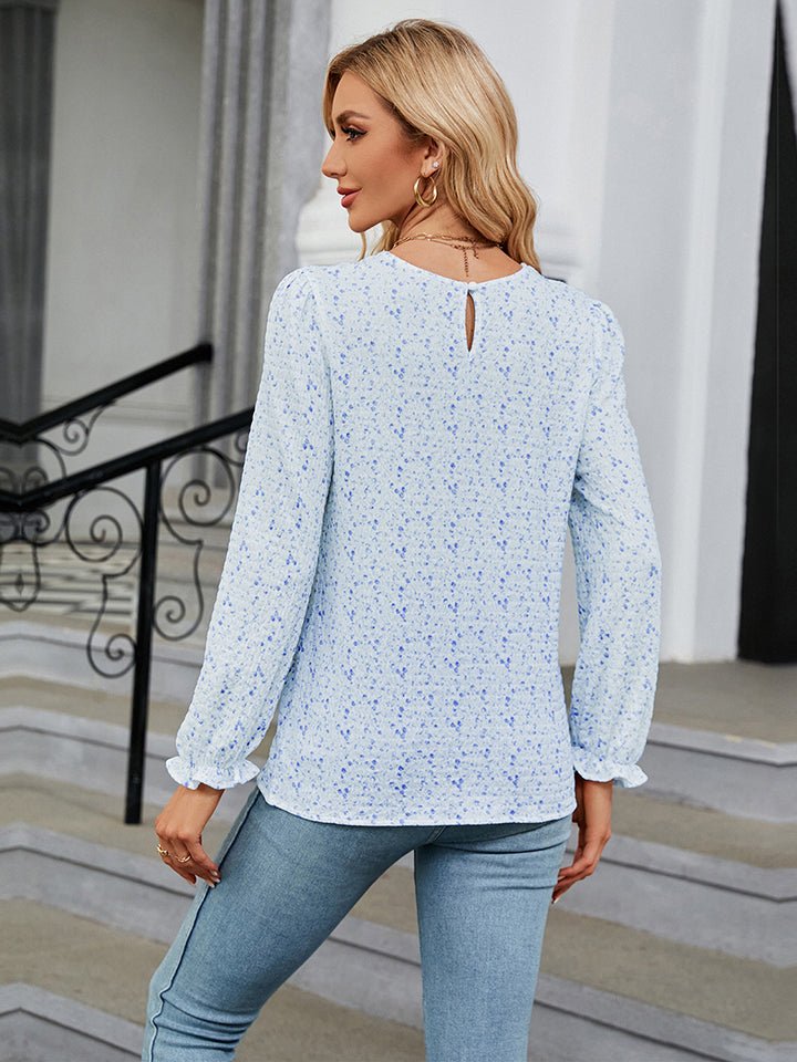 Printed Round Neck Flounce Sleeve Blouse - Guy Christopher