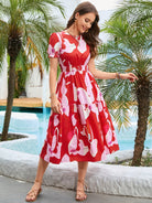 Printed Round Neck Flounce Sleeve Midi Dress - Guy Christopher