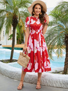 Printed Round Neck Flounce Sleeve Midi Dress - Guy Christopher