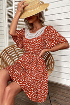 Printed Round Neck Flounce Sleeve Mini Dress - Guy Christopher