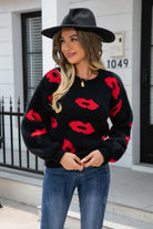 Printed Round Neck Long Sleeve Fuzzy Sweater - Guy Christopher