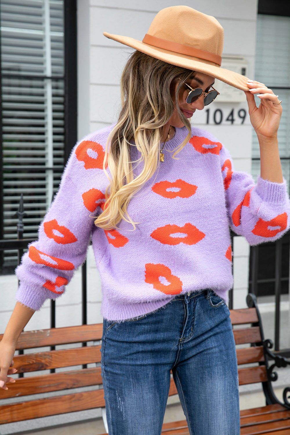 Printed Round Neck Long Sleeve Fuzzy Sweater - Guy Christopher