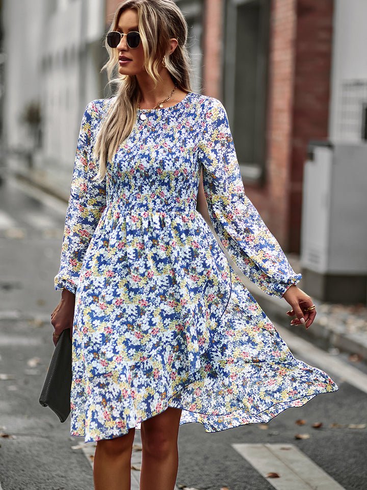 Printed Round Neck Long Sleeve Smocked Dress - Guy Christopher