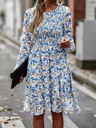 Printed Round Neck Long Sleeve Smocked Dress - Guy Christopher