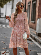 Printed Round Neck Long Sleeve Smocked Dress - Guy Christopher