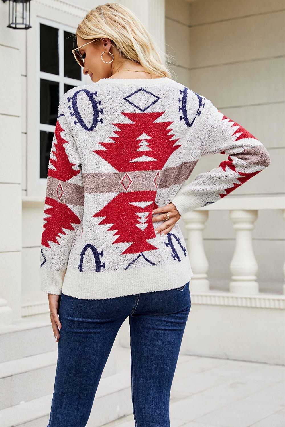 Printed Round Neck Long Sleeve Sweater - Guy Christopher