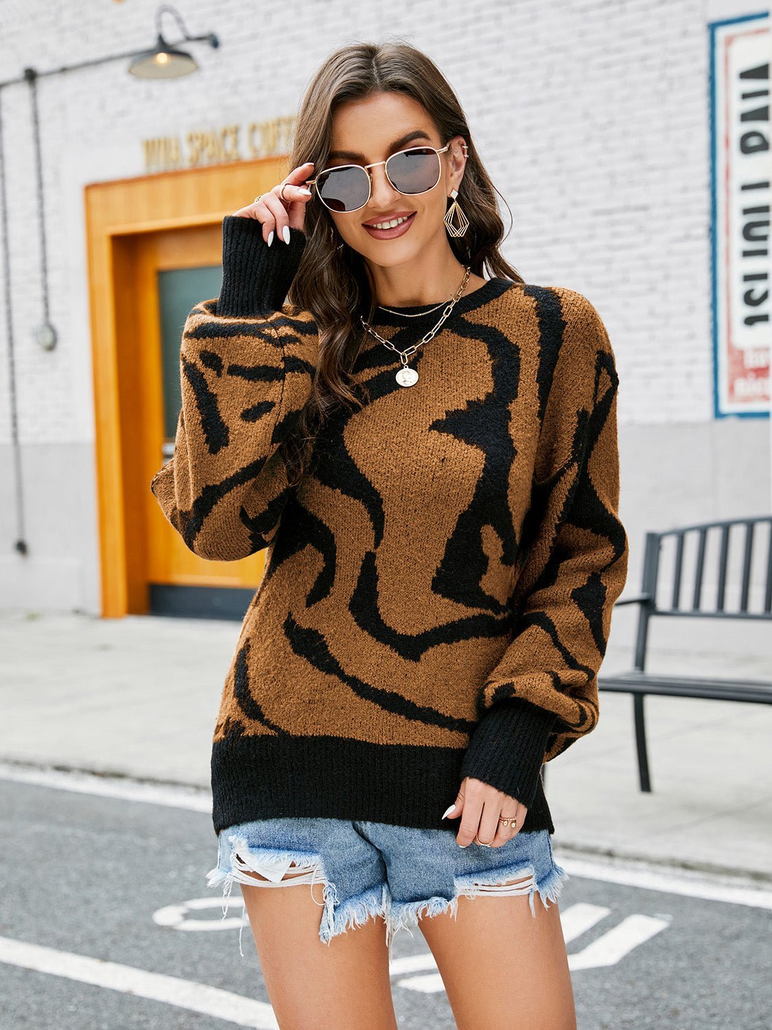 Printed Round Neck Long Sleeve Sweater - Guy Christopher
