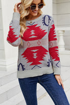 Printed Round Neck Long Sleeve Sweater - Guy Christopher