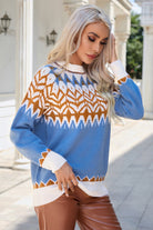 Printed Round Neck Long Sleeve Sweater - Guy Christopher