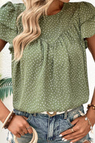 Printed Round Neck Puff Sleeve Blouse - Guy Christopher